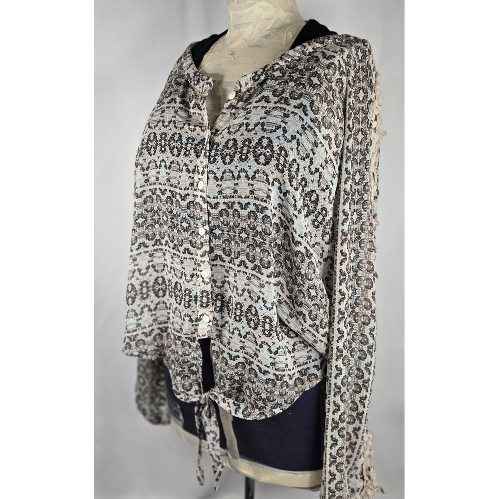 American Rag Cie Emo Tie Front Blouse Long Sleeve Patterned Top Size L Boho Chic